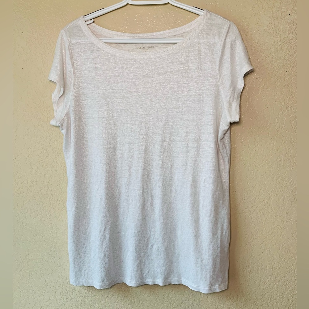 Eileen Fisher White Shimmer 100% Organic Linen Boatneck Simplistic Tee Size M